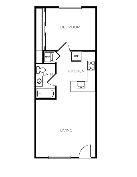 Floor plan for 1 bed, 1 bath, 640 sqft